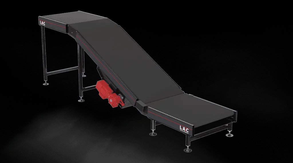 incline / decline swan-neck belt conveyor in operation”