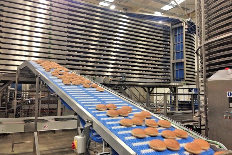 pancakes on conveyor belt